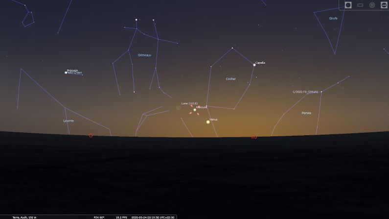 Mercure, Vénus et un croissant de Lune le 24 mai à 22h15